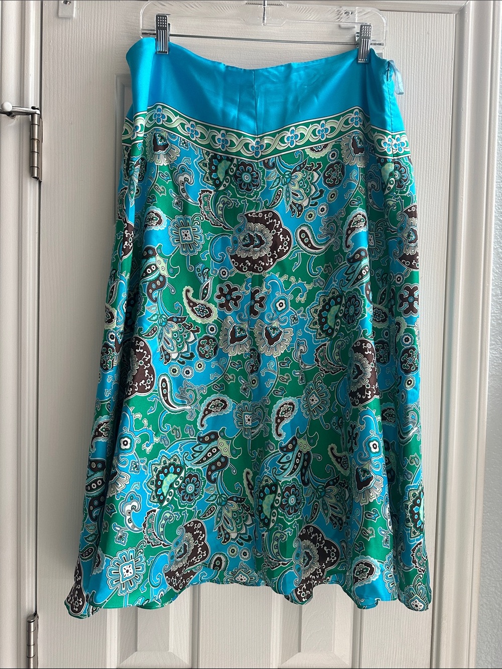 Y2K 2000s Turquoise & Green Paisley Bandana Prink Midi Silk Slip Skirt 14 Indie
